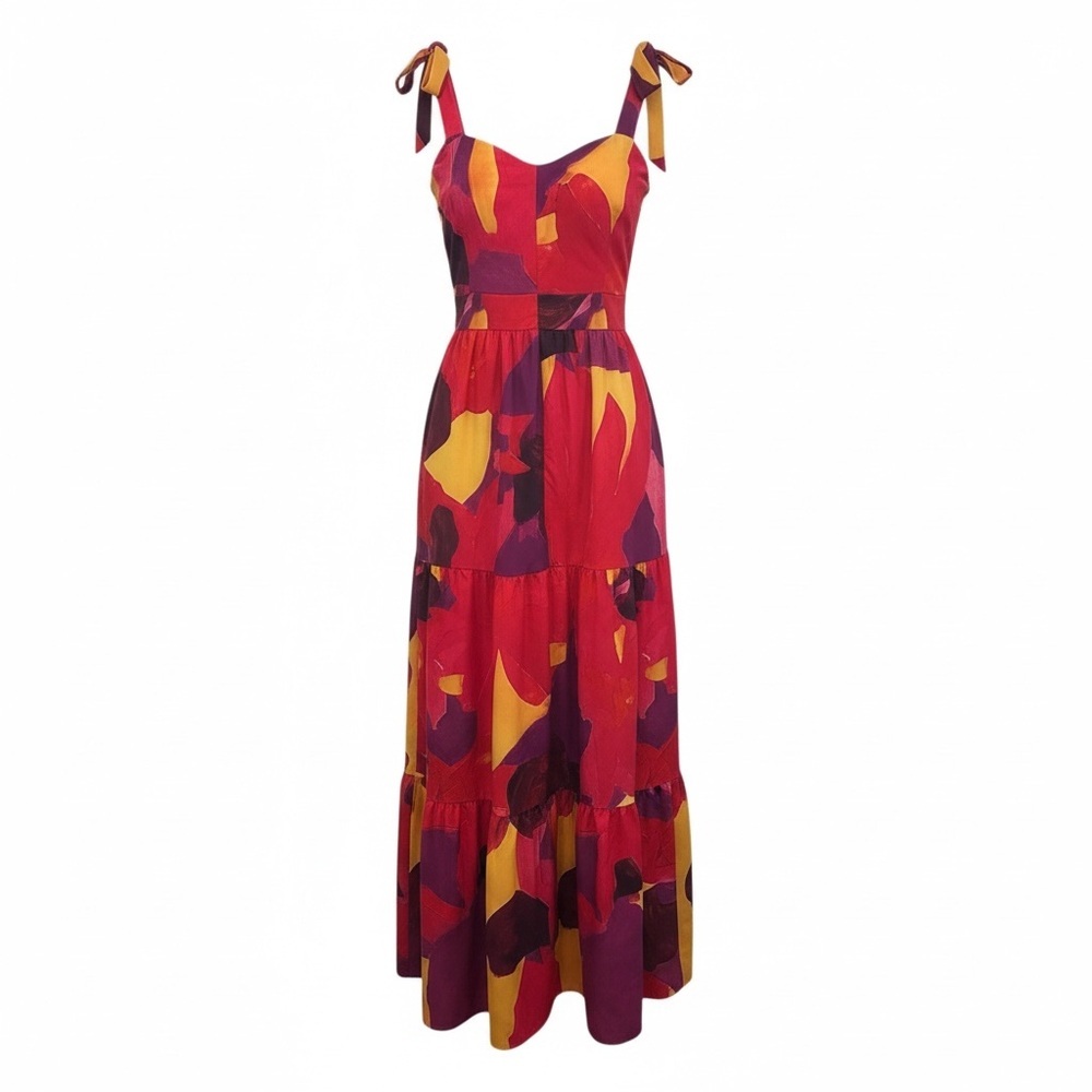 Louise James Boutique Abstract Print Tiered Maxi Dress Boho Sundress M